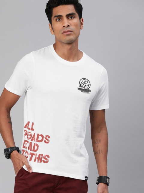 

Roadster Men White Fast Furious Printed Round Neck Pure Cotton T-shirt
