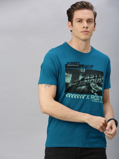

Roadster Men Fast & Furious Blue and Black Printed Round Neck T-shirt