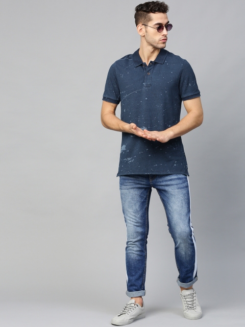

Roadster Men Indigo Dyed Printed Polo collar T-shirt, Navy blue