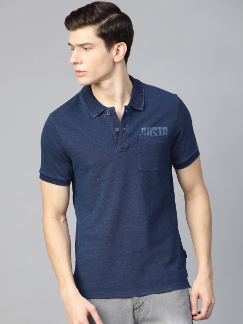 

Roadster Men Indigo Dyed Solid Polo Collar Pure Cotton T-shirt, Navy blue