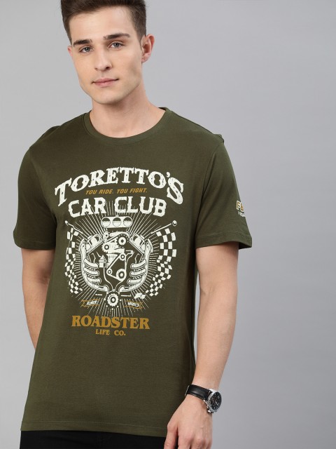 

Roadster Men Olive Green Printed Round Neck T-shirt