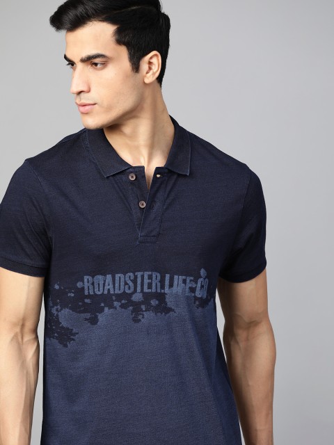 

Roadster Men Indigo Dyed Printed Polo Collar T-shirt, Navy blue