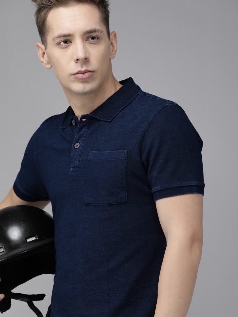 

Roadster Men Navy Blue Solid Polo Collar T-shirt with Pocket