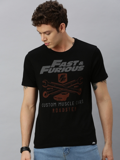 

Roadster Men Black Fast Furious Printed Round Neck Pure Cotton T-shirt
