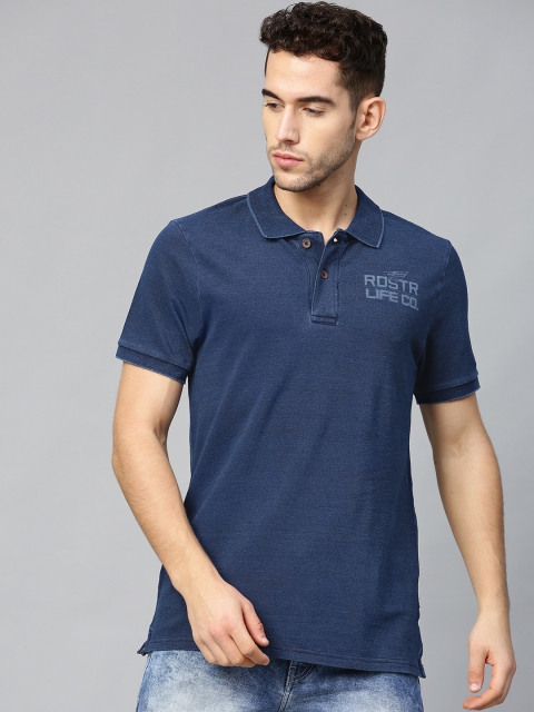 

Roadster Men Indigo Dyed Solid Polo Collar T-shirt, Navy blue