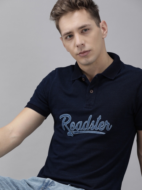 

Roadster Men Navy Blue Solid Polo Collar T-shirt with Applique