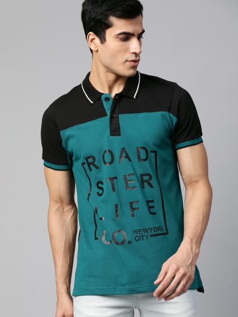 

Roadster Men Black & Teal Green Printed Polo Collar T-shirt