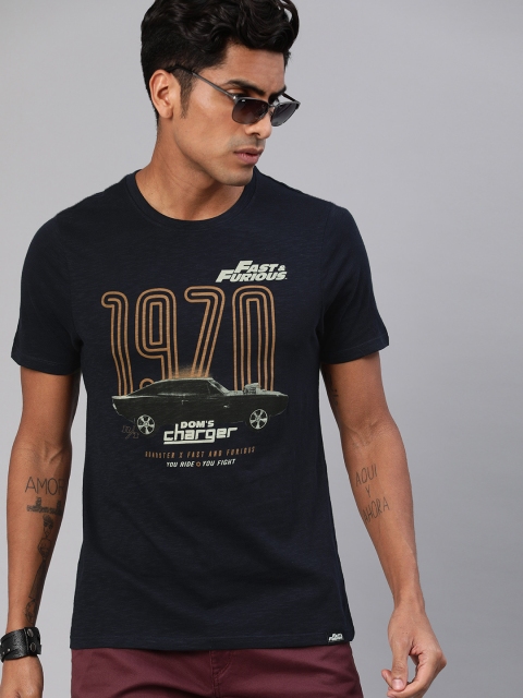 

Roadster Men Navy Blue Fast & Furious Printed Round Neck T-shirt
