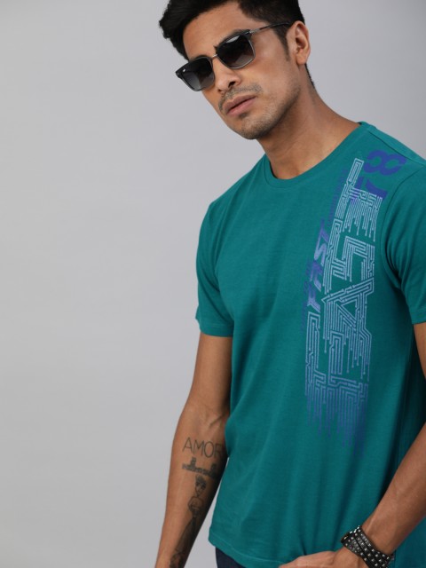

Roadster Men Fast and Furious Turquoise Blue Printed Round Neck Pure Cotton T-shirt