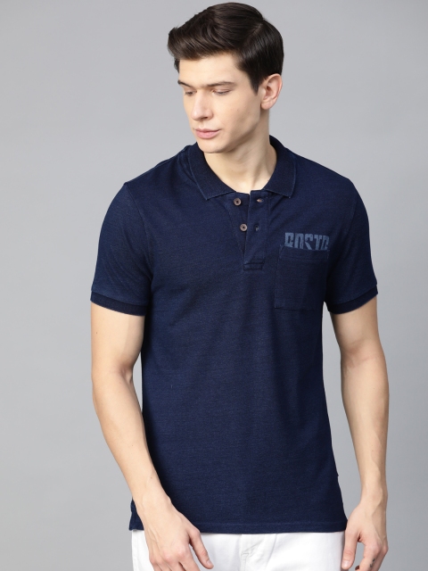 

Roadster Men Indigo Dyed Printed Detail Polo Collar T-shirt, Navy blue