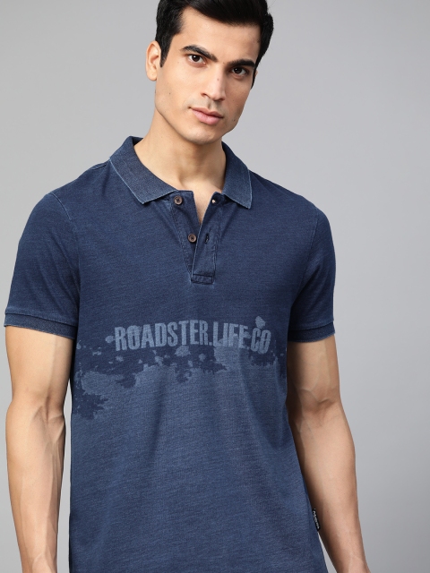 

Roadster Men Indigo Dyed Printed Polo Collar T-shirt, Navy blue