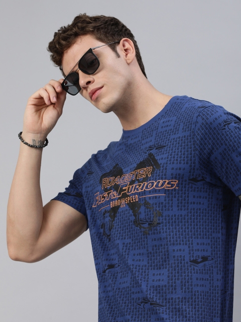 

Roadster Men Indigo Dyed Printed Round Neck T-shirt, Navy blue