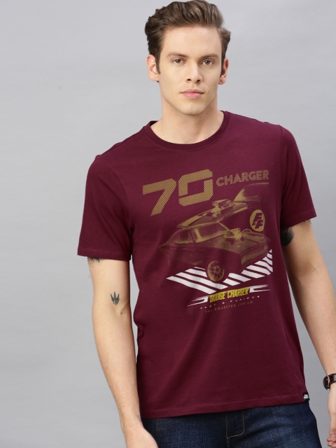 

Roadster Men Maroon and Beige Printed Round Neck Pure Cotton T-shirt