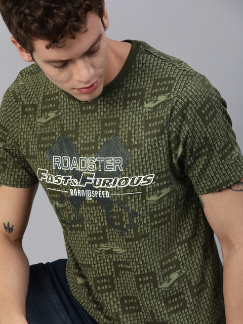 

Roadster Men Fast and Furious Olive Green Printed Round Neck T-shirt
