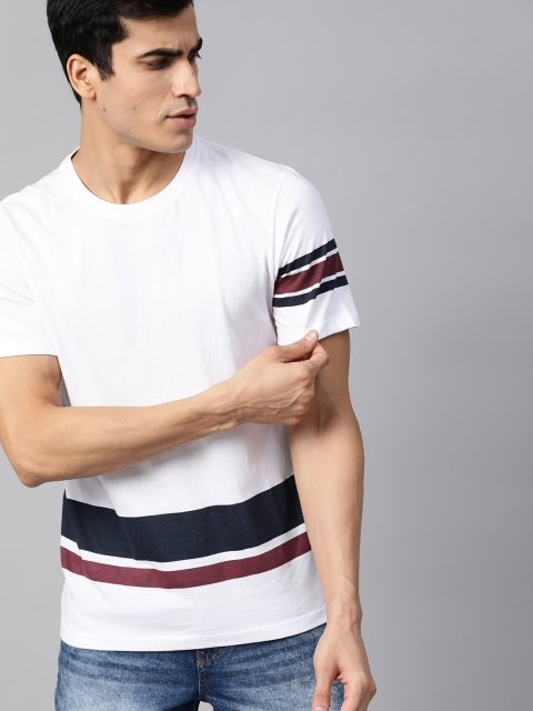 

Roadster Men White & Navy Blue Striped Round Neck T-shirt