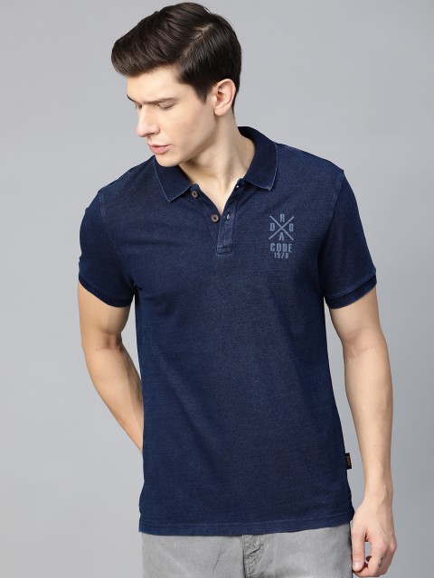 

Roadster Men Indigo Dyed Printed Detail Polo Collar T-shirt, Navy blue