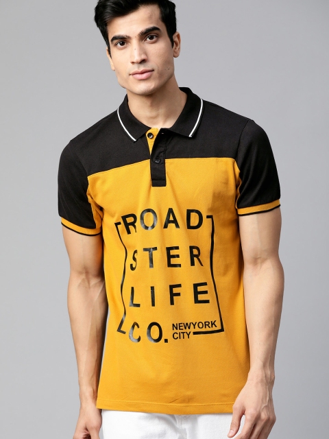 

Roadster Men Mustard Yellow & Black Printed Polo Collar T-shirt