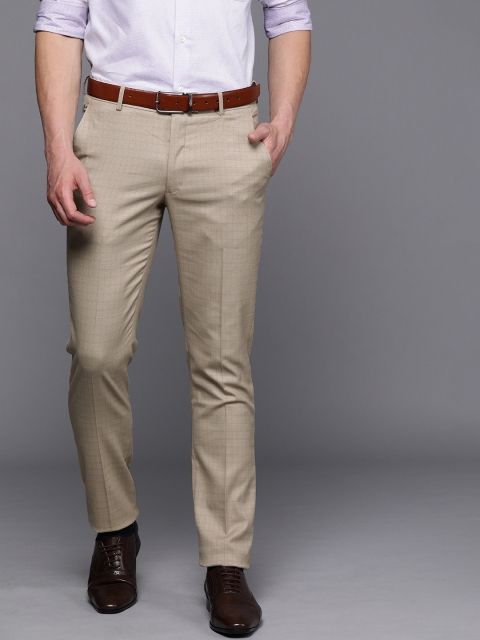

Louis Philippe Men Beige Slim Fit Checked Formal Trousers