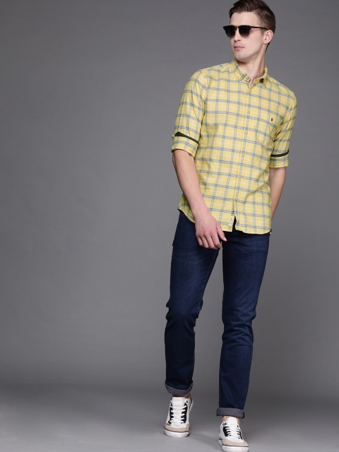

Louis Philippe Jeans Men Yellow & Navy Blue Super Slim Fit Checked Casual Shirt