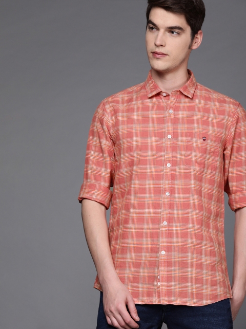 

Louis Philippe Jeans Men Coral Pink & White Slim Fit Checked Casual Linen Shirt
