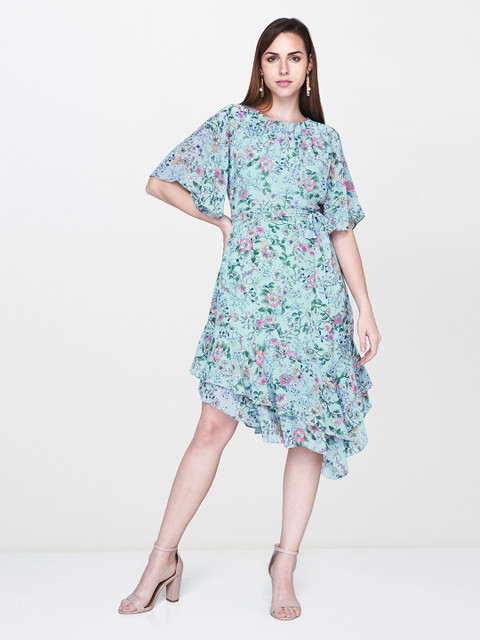 

AND Women Blue & Pink Printed Fit and Flare Dress With Gathered Detail