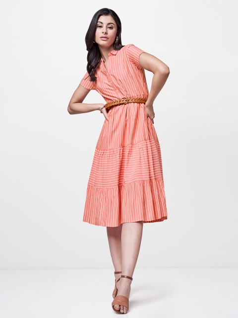 

AND Women Peach-Coloured & White Striped Fit and Flare Dress With Gathered Detail