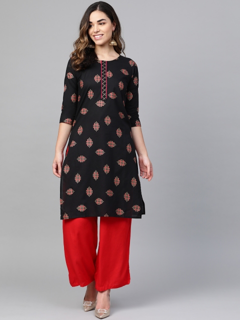 

Anubhutee Women Black & Golden Printed Straight Kurta