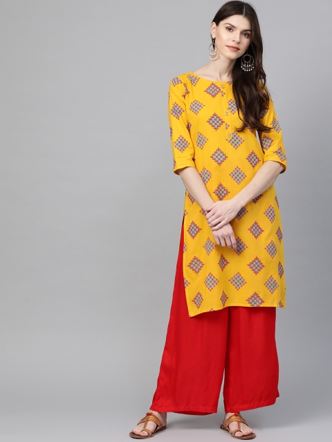 

Anubhutee Women Mustard Yellow & Blue Screen Print Straight Kurta
