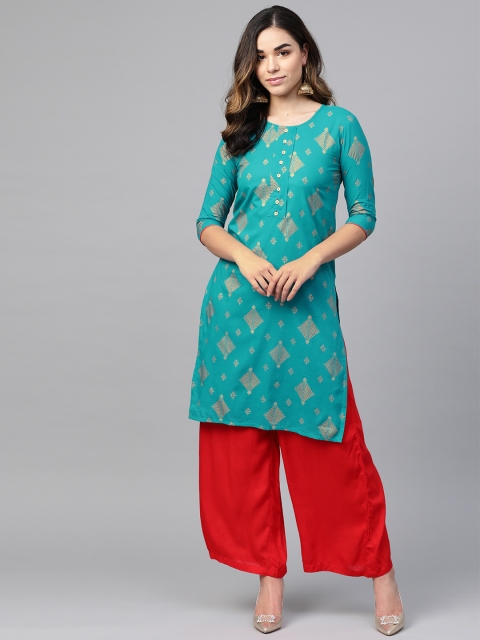 

Anubhutee Women Blue & Golden Printed Straight Kurta