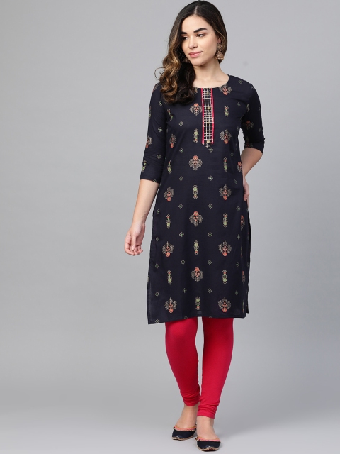 

Anubhutee Women Navy Blue & Golden Foil Print Straight Kurta