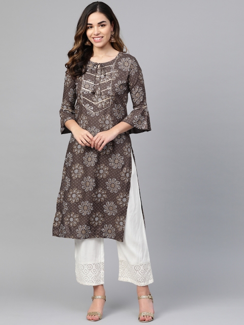 

Anubhutee Women Brown & White Bandhani Screen Print Straight Kurta