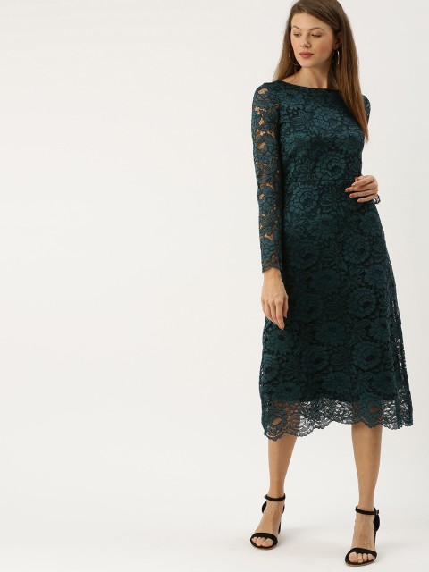

AND Women Teal Green Self Design A-Line Lace Dress With Tie-Ups