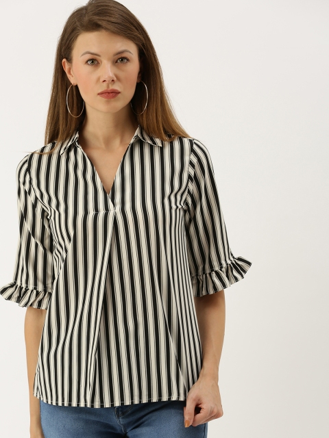 

AND Women White & Black Striped Shirt Collared Top With Pleated Detailing