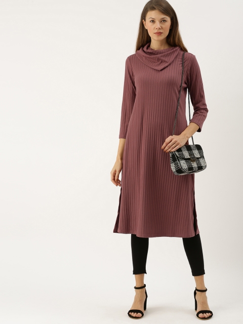 

AND Women Mauve Solid Knitted Straight Kurta