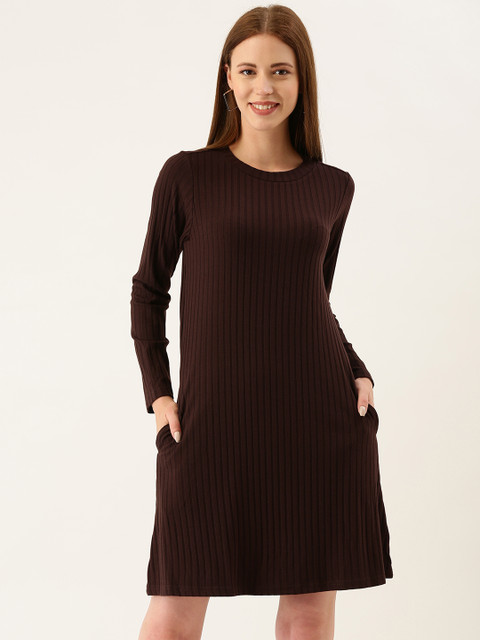 

AND Women Coffee Brown Self Striped Knitted Ribbed Sheath Dress