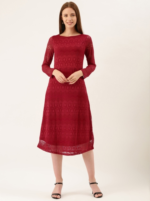 

AND Women Maroon Self Design A-Line Lace Dress with Tie-Up Detail