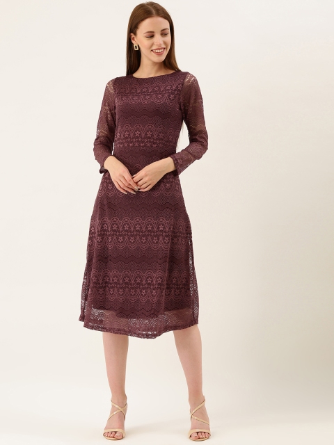 

AND Women Burgundy Self Design A-Line Lace Dress with Tie-Up Detail