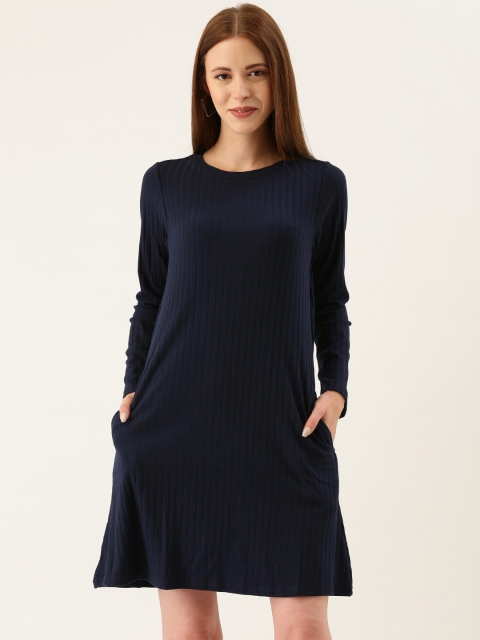 

AND Women Navy Blue Self-Striped A-Line Dress