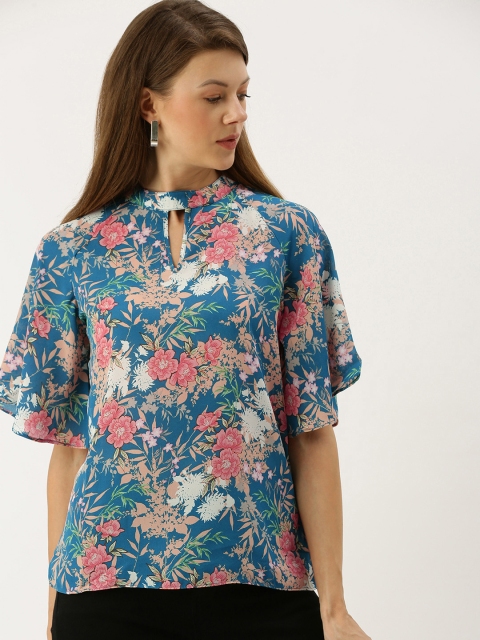 

AND Women Teal Blue Printed Keyhole Neck Top With Flared Sleeves