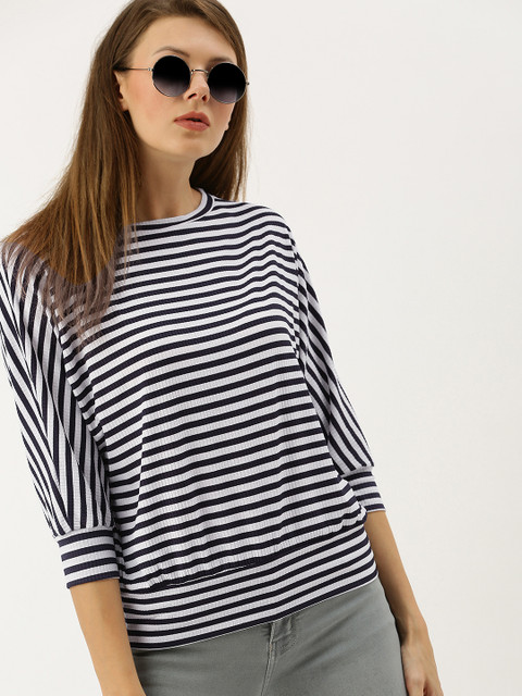 

AND Women White & Navy Blue Striped Top