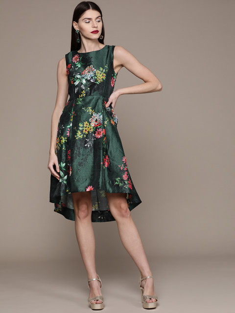 

Label Ritu Kumar Women Green & Pink Floral Printed A-Line Dress