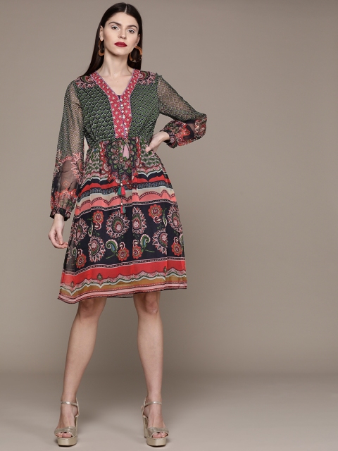 

Label Ritu Kumar Women Navy Blue & Green Printed A-Line Dress