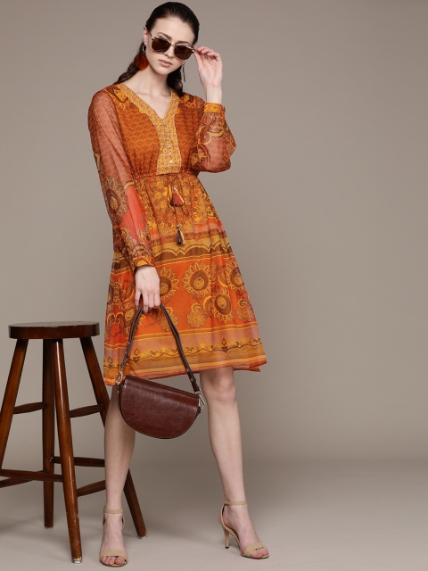 

Label Ritu Kumar Women Mustard Yellow & Brown Printed A-Line Dress