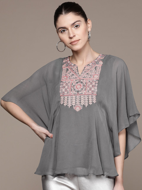 

Label Ritu Kumar Women Charcoal Grey & Pink Embroidered A-Line Top