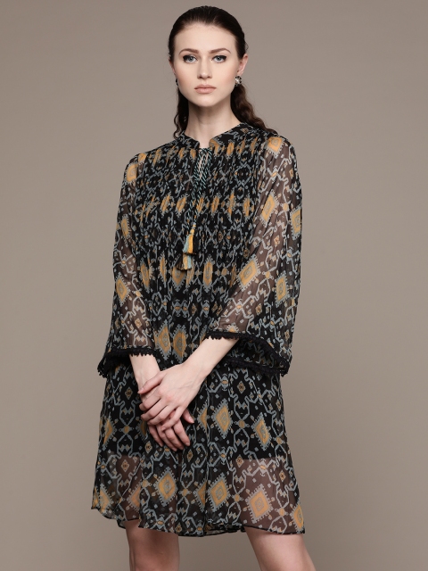 

Label Ritu Kumar Women Black & Grey Printed A-Line Dress