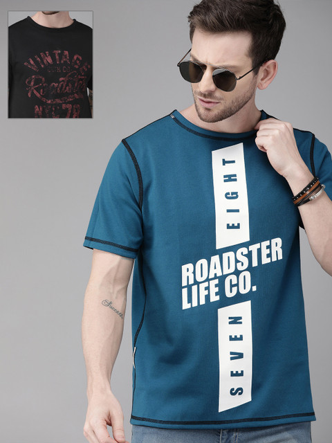 

Roadster Men Printed Round Neck 4 Way T-shirt, Blue