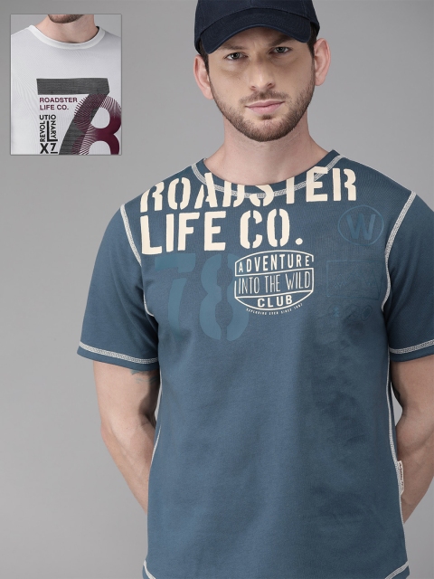 

Roadster Men Printed Round Neck 4 Way T-shirt, Blue