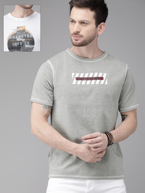 

Roadster Men Printed Round Neck 4 Way T-shirt, Grey melange