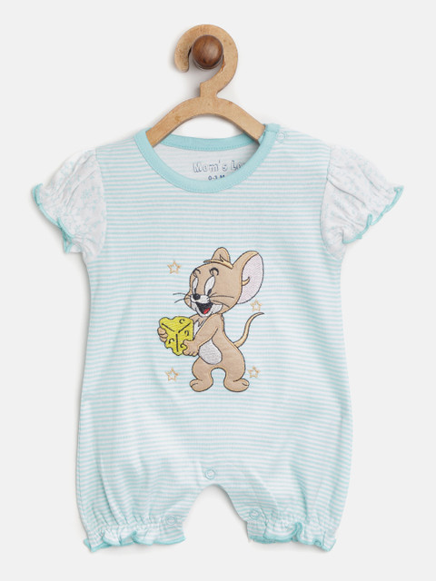 

Moms Love Girls Blue & White Striped Rompers with Jerry Applique Detail