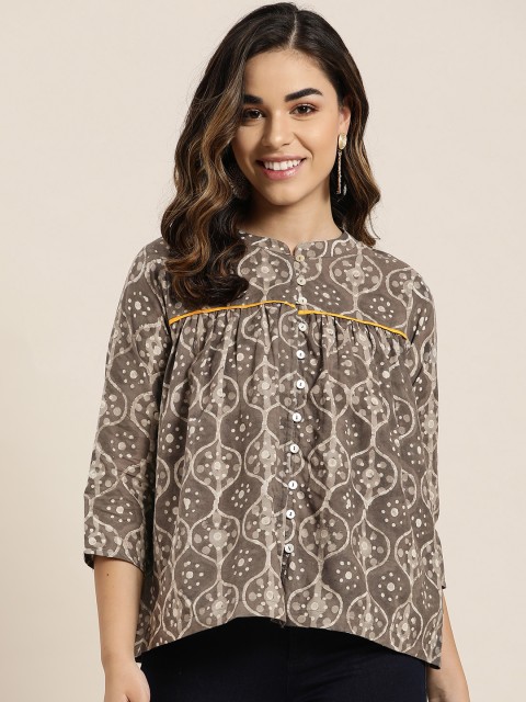 

Sangria Women Taupe & Off-White Printed A-Line Top